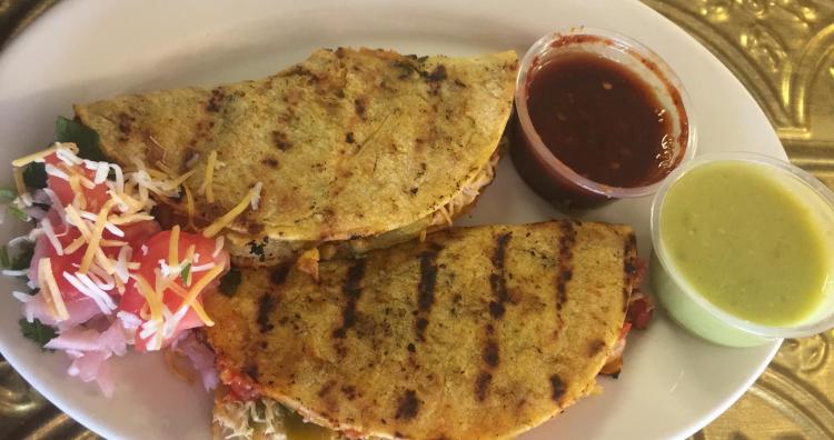 Grilled Smoked Chicken Quesadillas with side of avocado salsa &amp; spicy chipotle